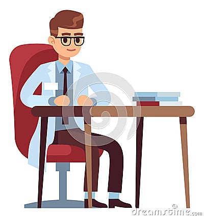 Doctor sitting at desk. Medical office. Hospital worker Vector Illustration