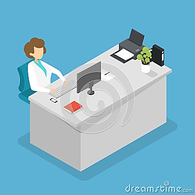 Doctor sitting at the desk in the office Vector Illustration