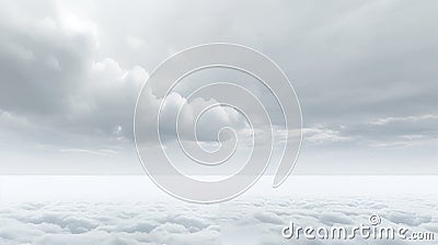 Dreamlike Installation: Man Standing On Floating Platform In Gray Cloud Stock Photo