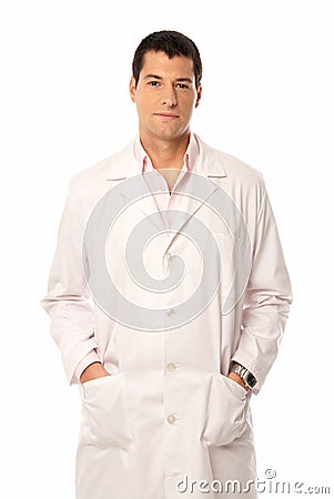 Doctor smile hands on pockets isolated Stock Photo