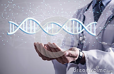 Doctor with spiral DNA molecules. Structure of the genetic code. Medicine concept Stock Photo