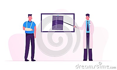 Doctor Stand at Screen Pointing on Xray Image of Patient Broken Arm Bones. Man with Bandage Hand Visiting Clinic Vector Illustration