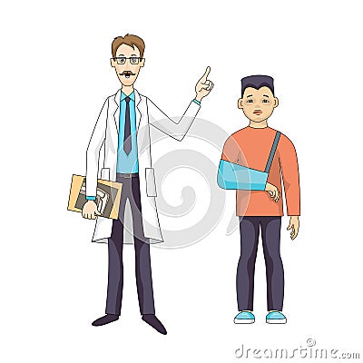 Doctor stand with X-ray. Young sad boy in bandage hands. Vector Illustration