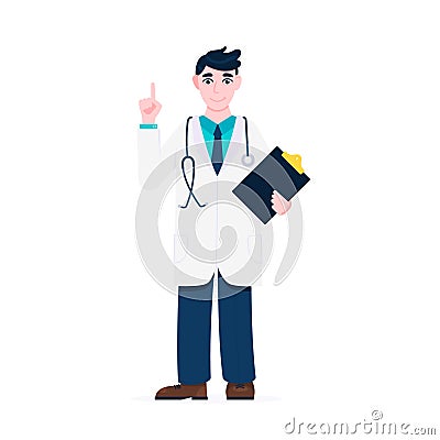 Doctor standing and hold clipboard and stethoscope with index finger flat style design vector illustration Vector Illustration