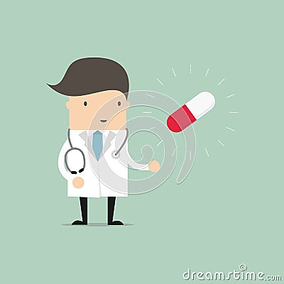 Doctor standing with pill capsule. Vector Illustration