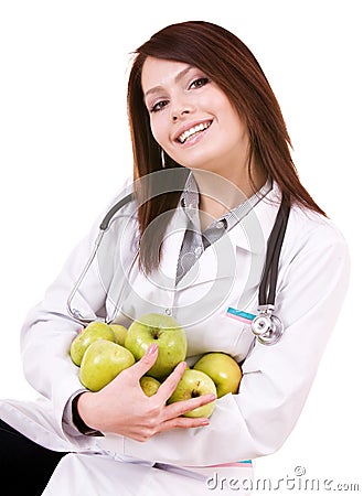 Doctor with stethoscope and group green apples. Stock Photo