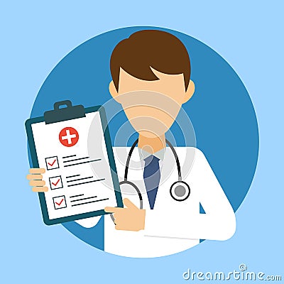 Doctor with stethoscope and medical test. Medic icon in flat style. Health care services concept. Banner with online doctor Vector Illustration