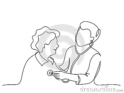 Doctor stethoscope patient old woman. Hospital scene. Vector Illustration