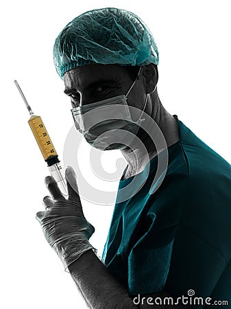 Doctor surgeon Anesthetist man holding surgery needle silhouette Stock Photo