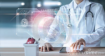 Doctor, surgeon Diagnose checking and analyzing patient brain testing result and human anatomy on technology digital futuristic Stock Photo