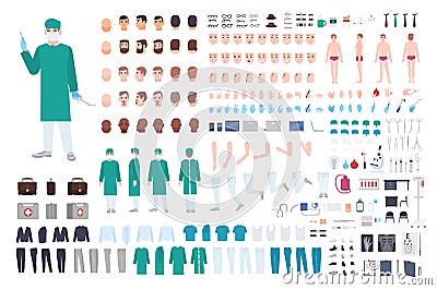 Doctor, surgeon or paramedic constructor or DIY kit. Collection of male physician body parts, facial expressions Vector Illustration