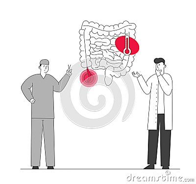 Doctor and Surgeon Stand at Human Intestines with Sore Appendix Infographics Decide Strategy of Treatment Vector Illustration