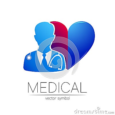 Doctor surgeon vector logotype in blue color. Silhouette medical cardiologist man. Logo for clinic, hospital, cardiology Vector Illustration