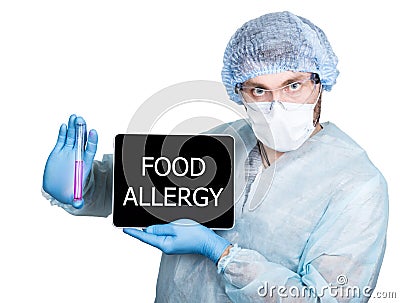Doctor in surgical uniform, holding test tube and digital tablet pc with food allergy sign. internet technology and Stock Photo