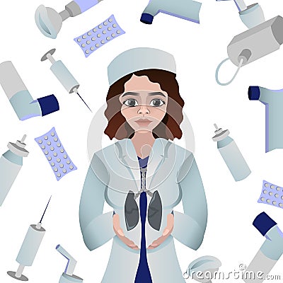 Doctor surrounded by drugs. Respiratory system diseases. Pneumonia, tuberculosis, coronavirus and asthma. Influenza, bronchial Stock Photo