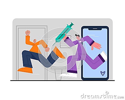 Doctor with syringe running after patient. Process of making treatment of patients online Vector Illustration