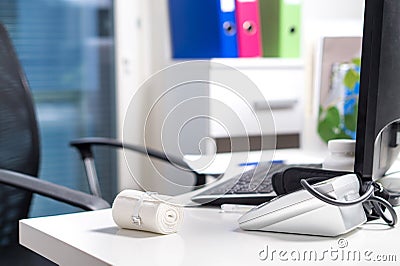 Doctor table, desk and workstation. Stock Photo