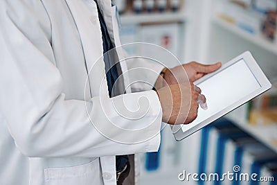 Doctor, tablet and hands on mockup screen for medical research, data or inventory check at pharmacy. Hand of healthcare Stock Photo