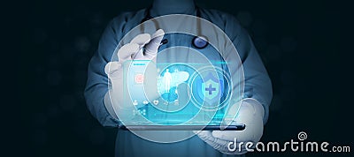 Doctor with tablet shows health insurance icon. Stock Photo