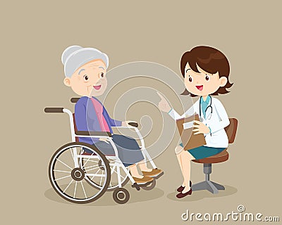 Doctor Talking With Elderly woman Patient in wheelchair Vector Illustration