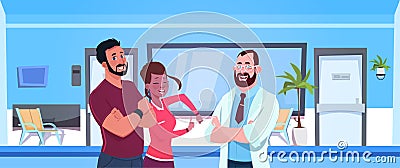 Doctor Talking With Happy Couple Of Patients Over Hospital Waiting Room With Empty Seats Background Vector Illustration