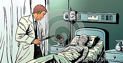 A doctor talking to a female patient lying in hospital Vector Illustration