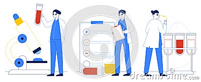 Doctor testing patients blood or urine, medical tests. Medical lab tests, health check and medical consultation flat vector Vector Illustration