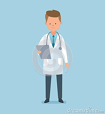 Doctor therapist with documents and patient`s card in hand. Vector Illustration
