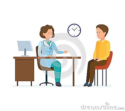 Doctor therapist takes patient, works with personal card, listens complaints. Vector Illustration