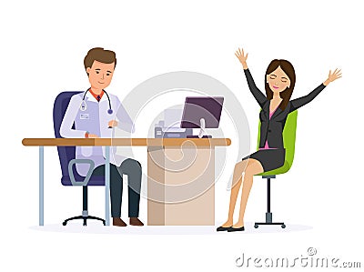 Doctor therapist works with patient, patient happy from positive result. Vector Illustration