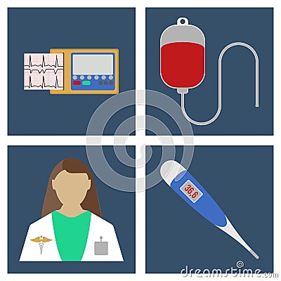 Doctor, thermometer, ECG, Blood Dpopper. Set of Medical object f Vector Illustration