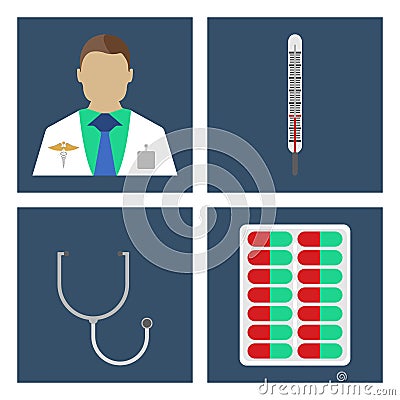 Doctor, thermometer, stergoscope. Set of Medical object flat icon. Vector Illustration. Vector Illustration