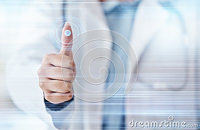 Doctor, thumbs up or fingerprint scan of dna, healthcare data or medical profile on fintech, futuristic or hospital Stock Photo