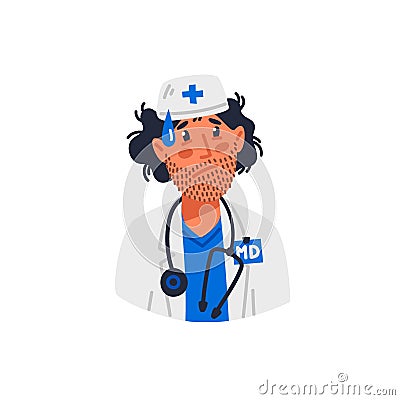 Doctor. Tired doctor in medical gownwith Stubble on face. Medical team in conditions of coronavirus pandemic, covd-19 Vector Illustration