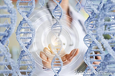 Doctor touches for the DNA molecule. Stock Photo