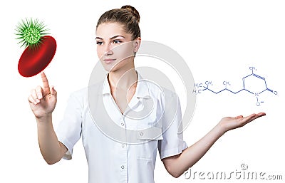 Doctor touches erythrocyte with viral cell and presents chemical formula. Stock Photo