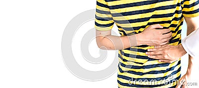 Doctor touches the patient`s stomach. who are having a stomachache pain. with white copy space Stock Photo