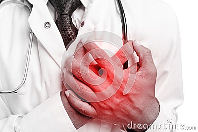 Doctor touching chest as heart problem concept Stock Photo