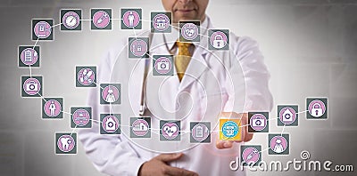 Doctor Touching Data Block In Medical Blockchain Stock Photo