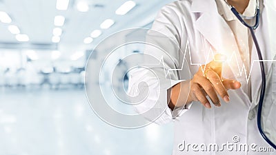 Doctor touching icon electrocardiogram on hospital background. medical patient Stock Photo