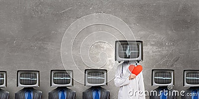 Doctor with TV instead of head . Mixed media Stock Photo