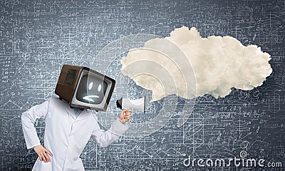 Doctor with TV instead of head . Mixed media . Mixed media Stock Photo