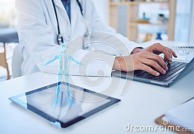 Doctor typing, laptop and tablet hologram, futuristic body graphic or ai. Health, healthcare and man with future cyber Stock Photo