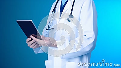 Doctor using digital tablet, modern technology in medicine and healthcare concept on blue background, Doctor Face Not Show Stock Photo