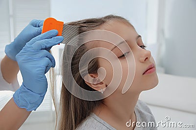 Doctor using nit comb on girl`s hair in clinic. Anti lice Stock Photo