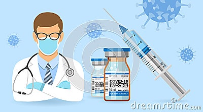 Doctor Vaccine Covid-19 and Syringe Injection Vector Illustration