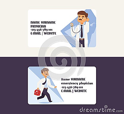 Doctor vector business card doctoral character professional medical worker physician with medicine-chest in clinic Vector Illustration