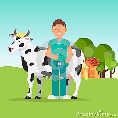 Doctor veterinary and cow vector illustration. Farm animals cows medicine doctoral. Agricultures veterinarian care. Vector Illustration