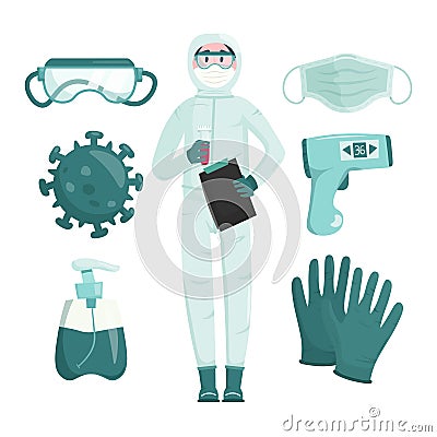 Doctor virologist in a protective suit is fighting an epidemic and a pandemic. Set with medical equipment. Vector Illustration