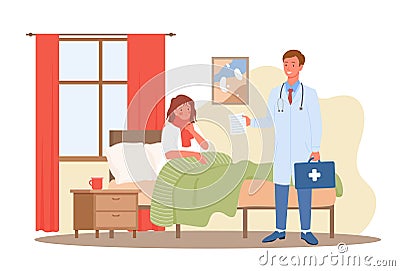 Doctor visit, medical diagnostic healthcare service concept with sick patient in bed Vector Illustration